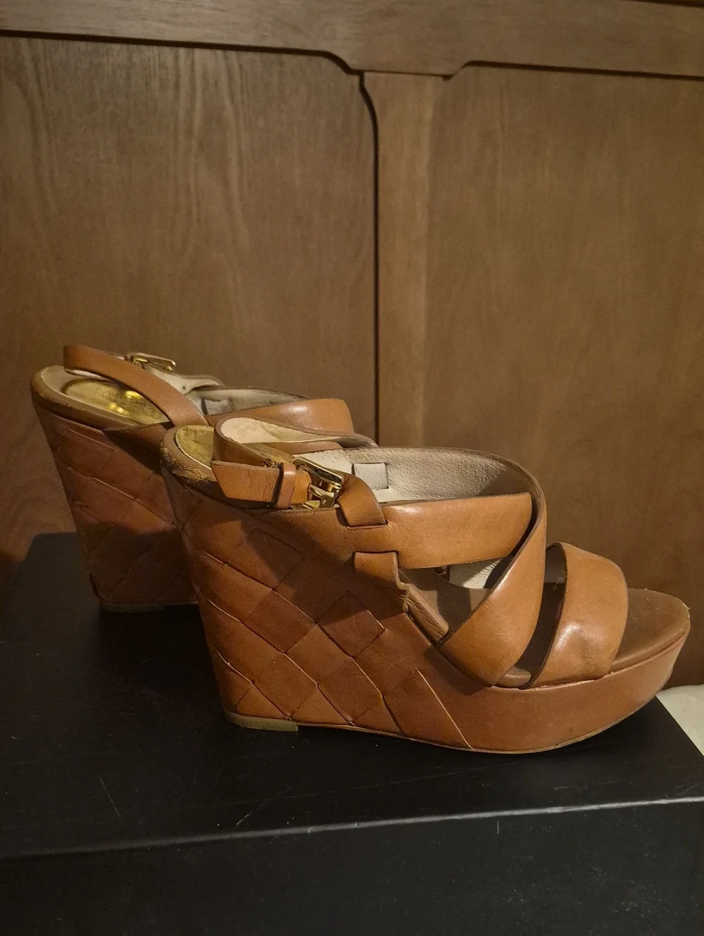 Michael Kors Brown Leather Wedge Sandals with Braided Platform
